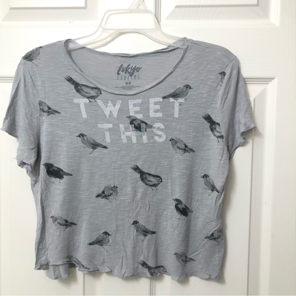 Tokyo Darling Birds Tweet This Women’s Medium Gray Burnout Crop Top Short Sleeve